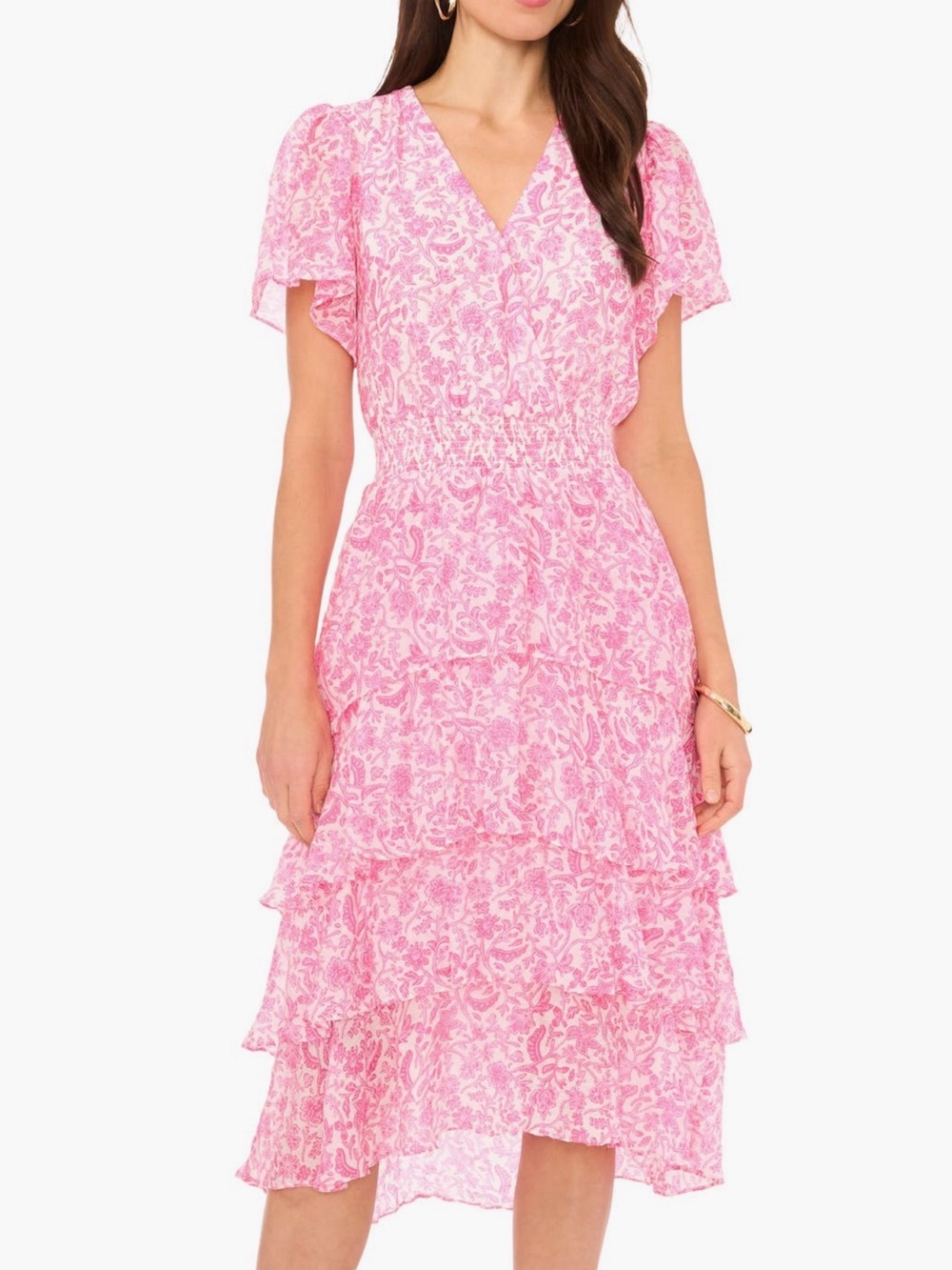Vince Camuto Pink Floral V-Neck Dress